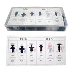 Eliteridegear 100pcs auto fastener clip kit with fender rivet clips, push retainers, bumper, door trim, and panel clips for cars.