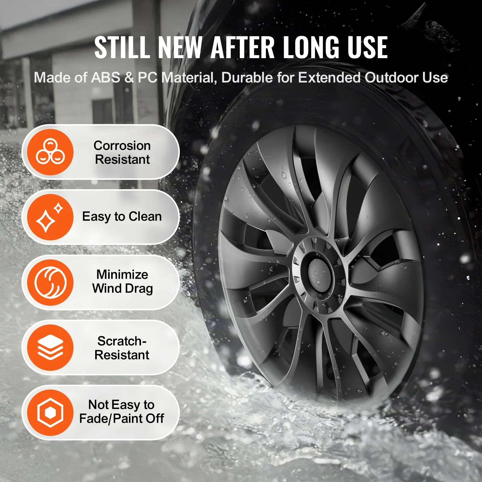 Eliteridegear VEVOR 18-inch ABS and PC wheel rim cover with snap, guard tape, and valve nozzle hole for car wheels.
