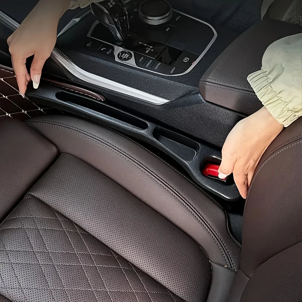 Eliteridegear 2-piece waterproof car seat gap filler organizer with grooves, designed for storing small items between car seats.