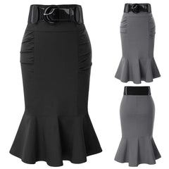 Belle Poque Pencil Skirt Women High Waist Belt Officewear