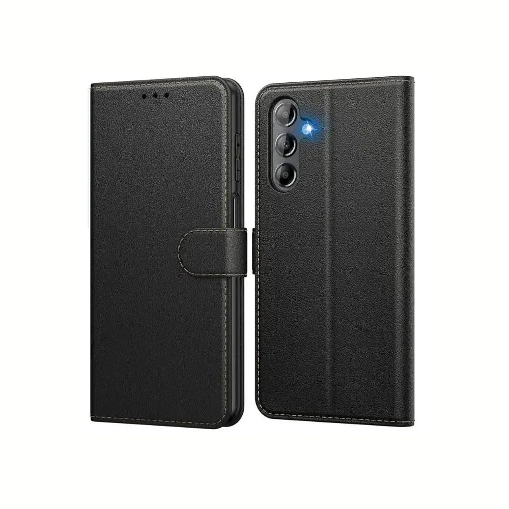 Samsung Galaxy A15 leather book flip case with wallet design, black faux leather cover, and card slots for phone protection.