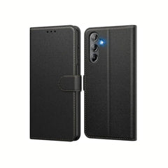 Samsung Galaxy A15 leather book flip case with wallet design, black faux leather cover, and card slots for phone protection.