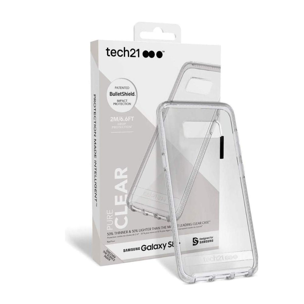 Samsung Galaxy S8 Plus tech21 hard clear transparent case showing slim, durable protective design for mobile phone.