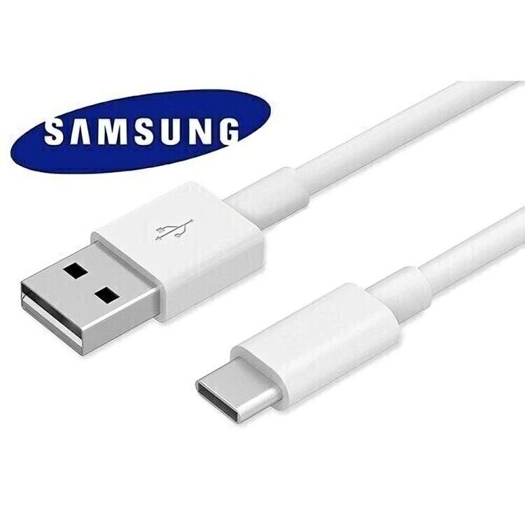 White Samsung genuine A to C charging data cable from Phone Base, showing a close-up of the cable with USB-C connector.