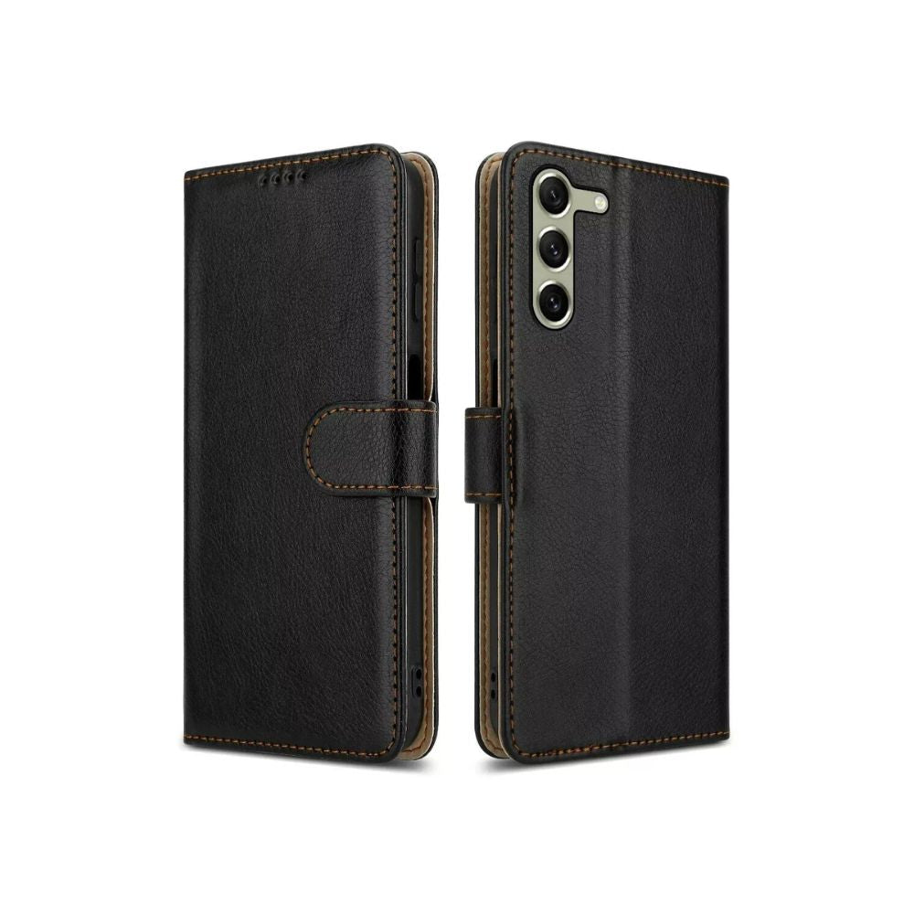 Black leather Samsung Galaxy A34 book flip case by Phone Base, featuring a wallet-style cover with card slots.