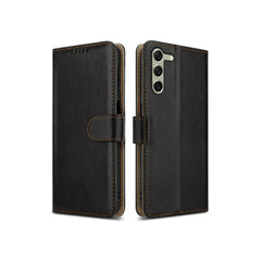 Black leather Samsung Galaxy A34 book flip case by Phone Base, featuring a wallet-style cover with card slots.