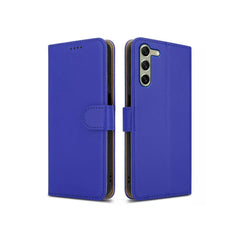 Blue leather Samsung Galaxy A15 Book Flip Case by Phone Base, featuring a wallet-style design with card slots and protective cover.