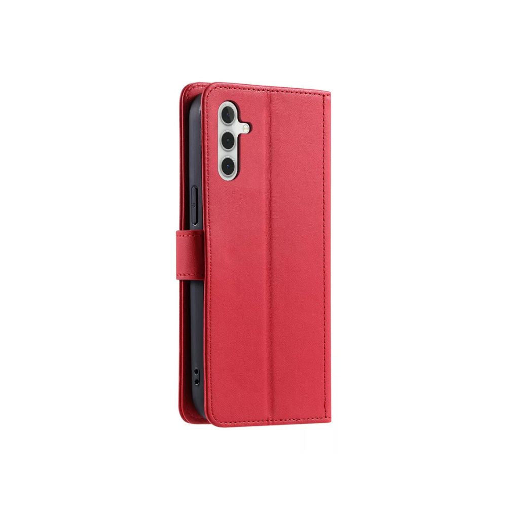 Red leather Samsung Galaxy A05S book flip case with wallet-style design by Phone Base, featuring card slots and protective cover.