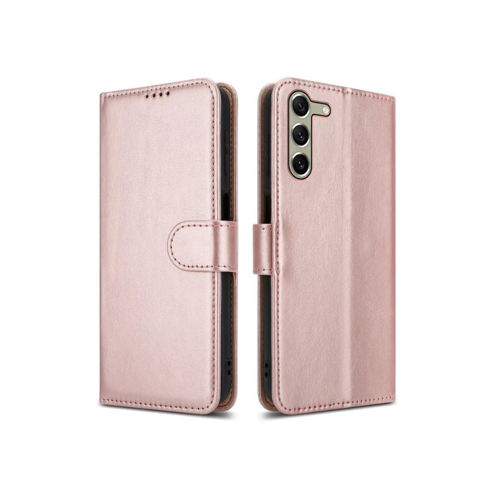 Samsung Galaxy A05S leather flip book case with wallet design in rose gold, offering protection and storage for phone accessories.