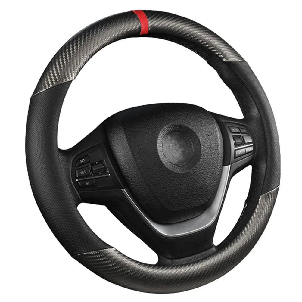 Eliteridegear carbon fiber leather steering wheel cover showing breathable, non-slip interior design for car steering wheel.