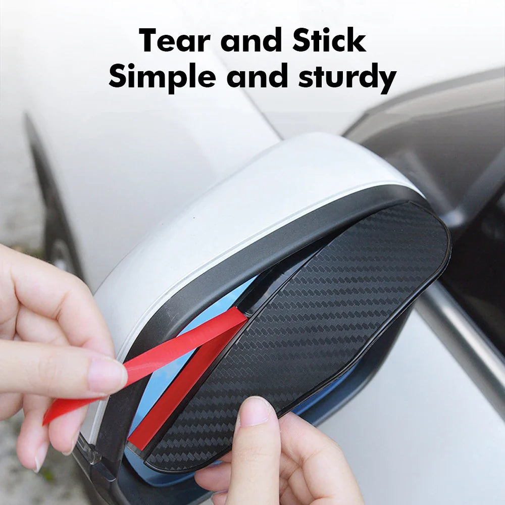 Eliteridegear 2-pack car carbon fiber rain brow covers for rear view mirrors with clear adhesive sun visor for improved visibility.
