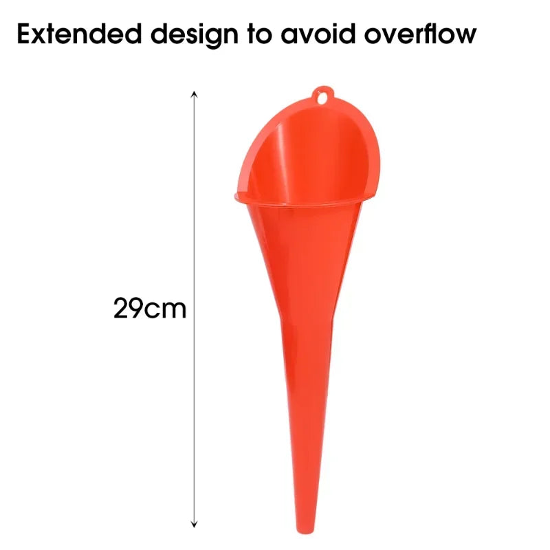 Eliteridegear car long stem plastic fuel funnel with anti-splash design for gasoline and oil refueling, suitable for motorcycles and auto use.