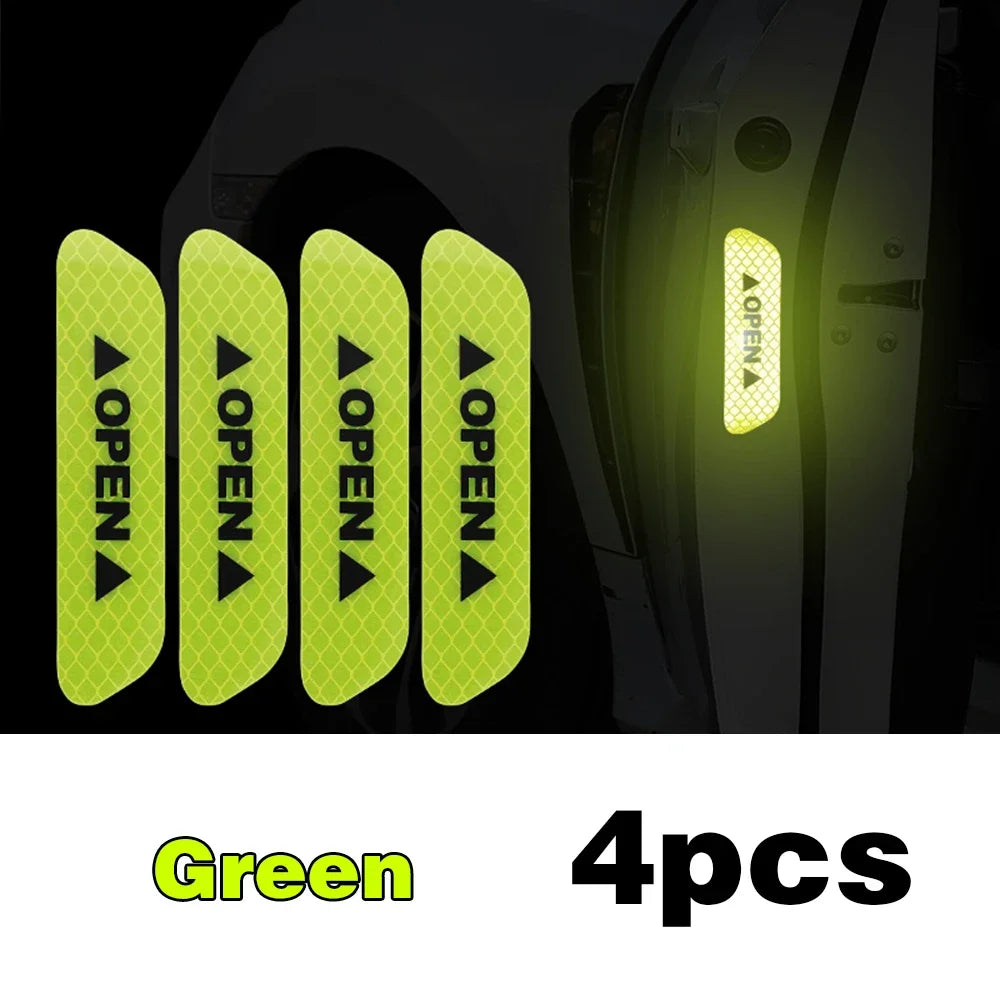 Set of four Eliteridegear reflective car door stickers with warning tape decals for safety and visibility on vehicle exterior and interior.