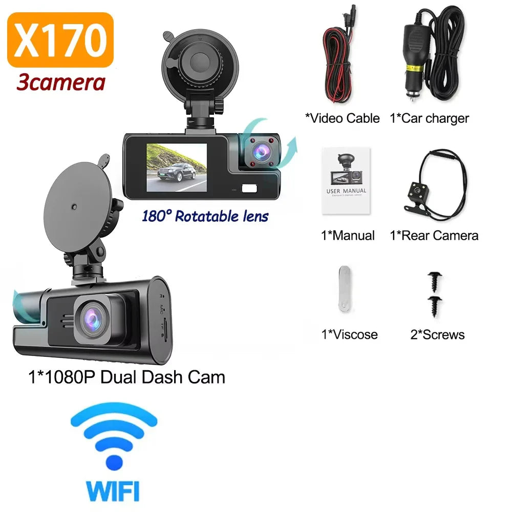 Eliteridegear 3 Lens Car Recorder with front and rear cameras, 1080P resolution, night vision, WiFi, and included memory card.