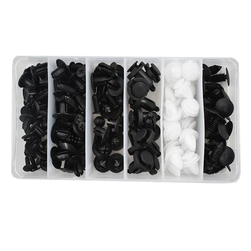 Set of 100 Eliteridegear plastic car clips and fasteners, including push retainers and rivets for bumper and interior panel repairs.