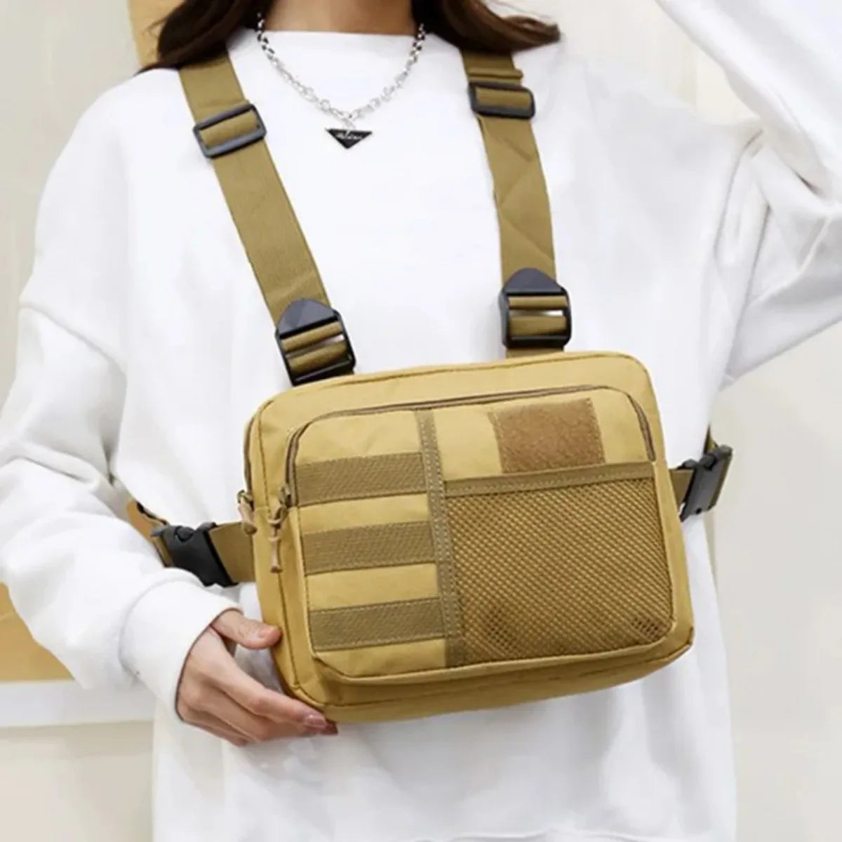 Unisex tactical vest and chest rig bag by Eliteridegear, waterproof Oxford sport backpack with multiple compartments and urban streetwear style.