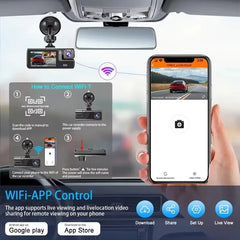 Eliteridegear 3 lens car recorder with front and rear cameras, 1080P resolution, night vision, WiFi, and memory card slot for vehicle safety