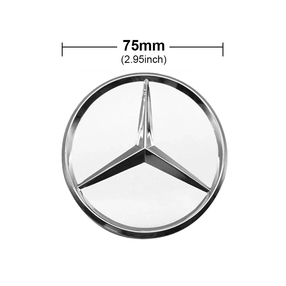 Silver 75mm car wheel center caps for Benz rims, set of 4 or 8, compatible with all Benz models, featuring emblem and hub cover design.