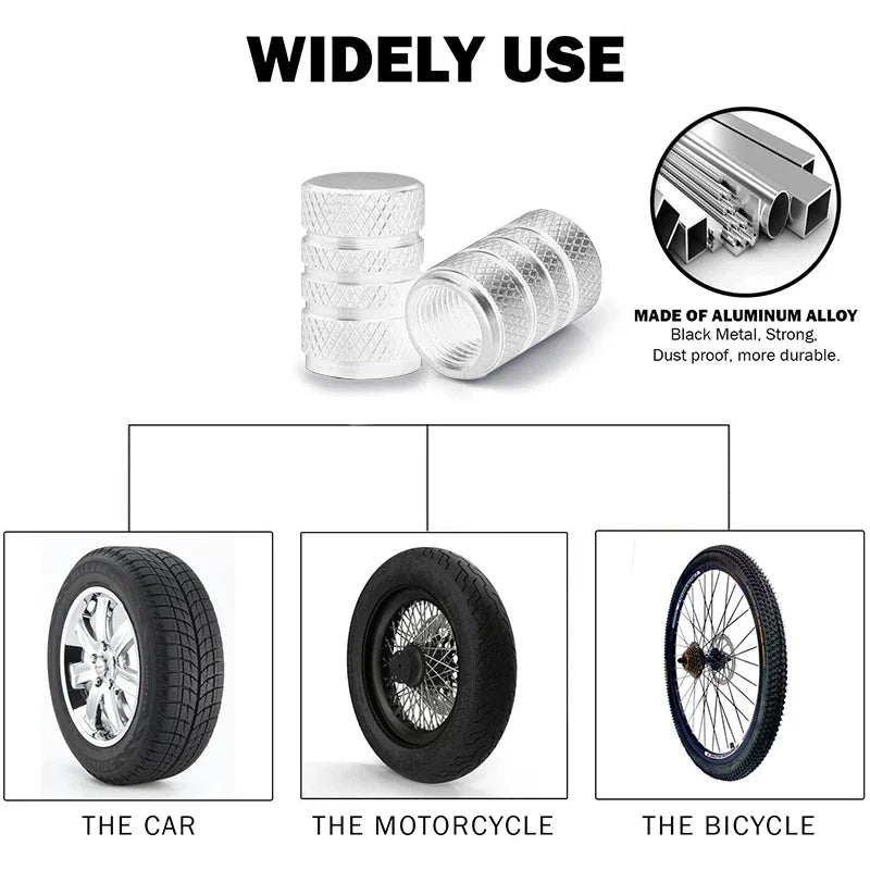 Set of 4 Eliteridegear aluminum car wheel tire valve stem caps with dust covers for tire air valves and wheel accessories.