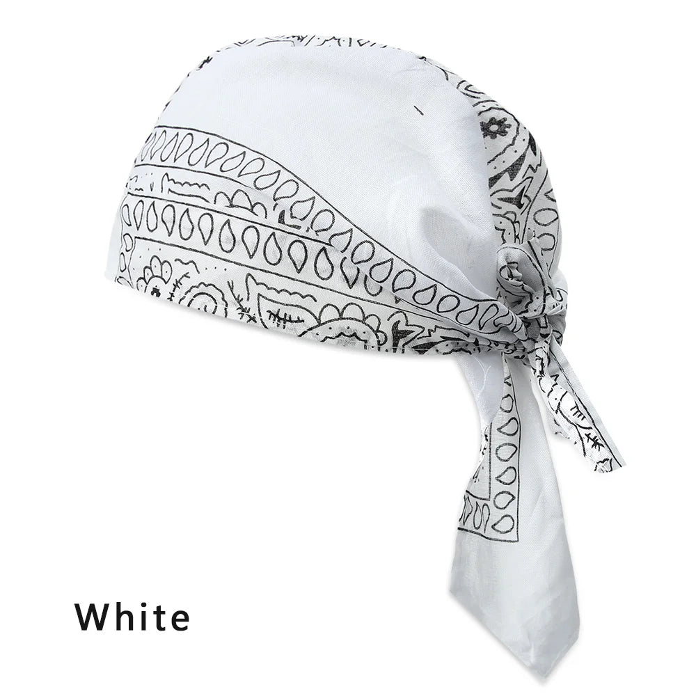 Unisex satin long tail doo rag durag with pirate hat style, worn as a hip hop headband or biker headwrap, by Eliteridegear
