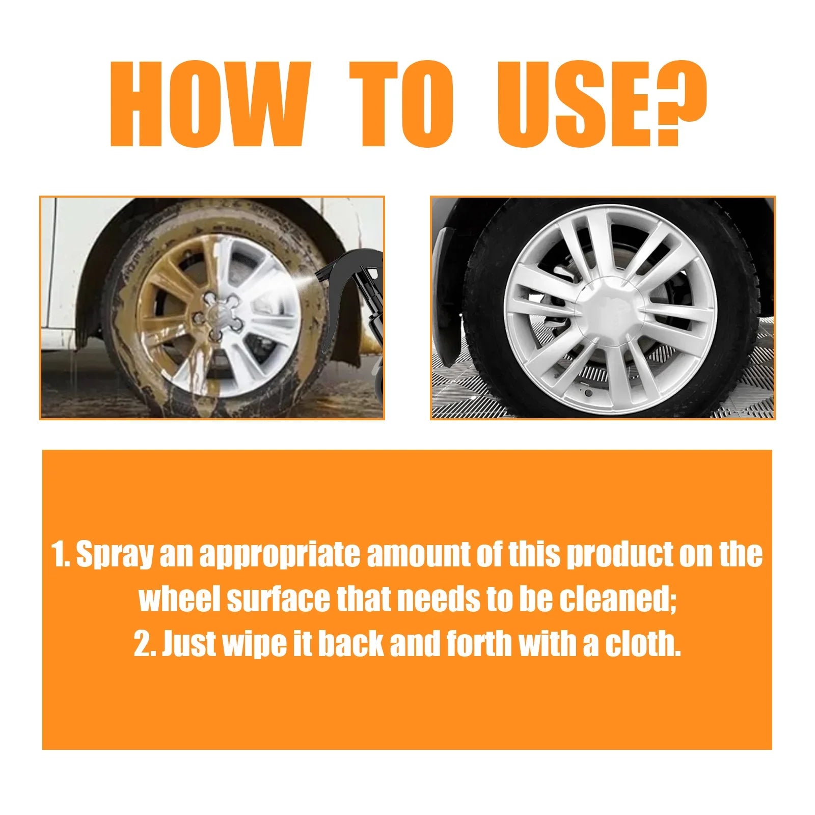 Rayhong 120ml car tire cleaner from Eliteridegear showing a clean tire surface with rust removal and maintenance application.