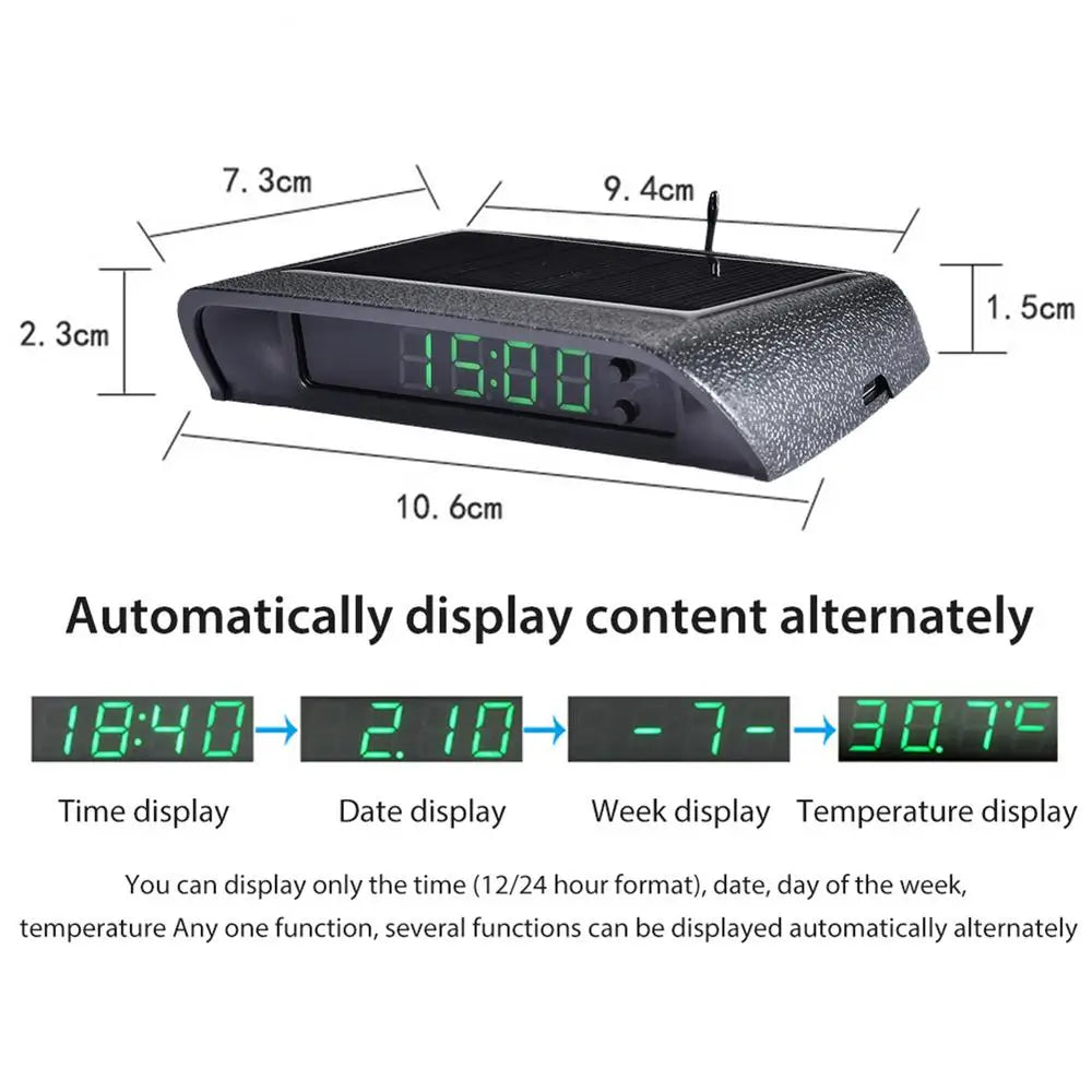 Eliteridegear portable solar car digital LCD clock and temperature display with backlight, mounted on a car dashboard.