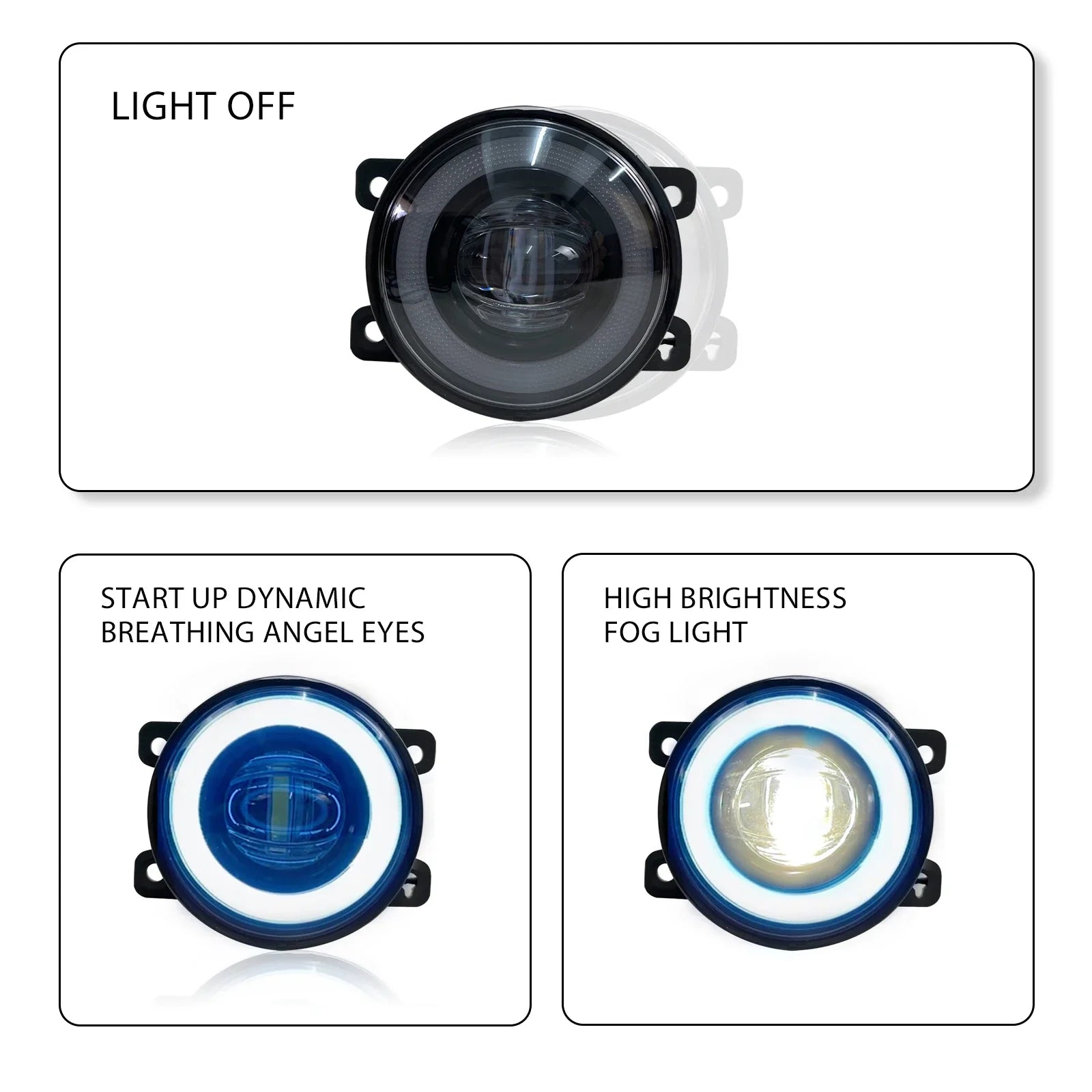 Eliteridegear Angel Eye Fog Lights with LED bulbs, featuring dynamic daytime running lights for car illumination.