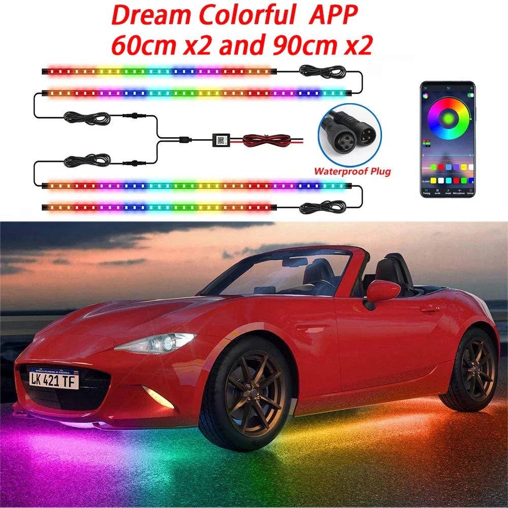 RGB flexible car underglow light strip by Eliteridegear, 12V LED underbody ambient light with app control and neon decorative effect.