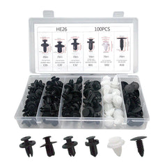Set of 100 Eliteridegear auto fastener clips, including fender rivet and push retainers for car body, bumper, and door trim.