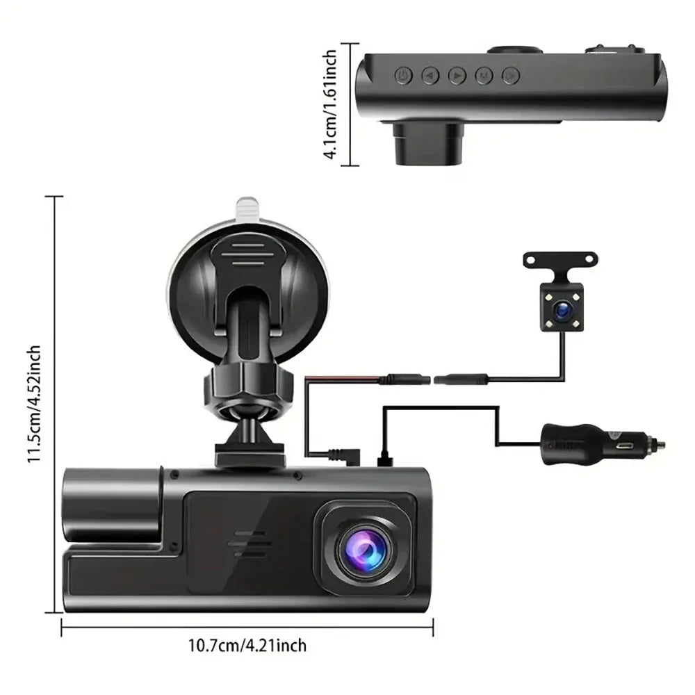 Eliteridegear 3-lens car recorder with front and rear cameras, 1080P night vision, WiFi, and memory card slot for vehicle surveillance