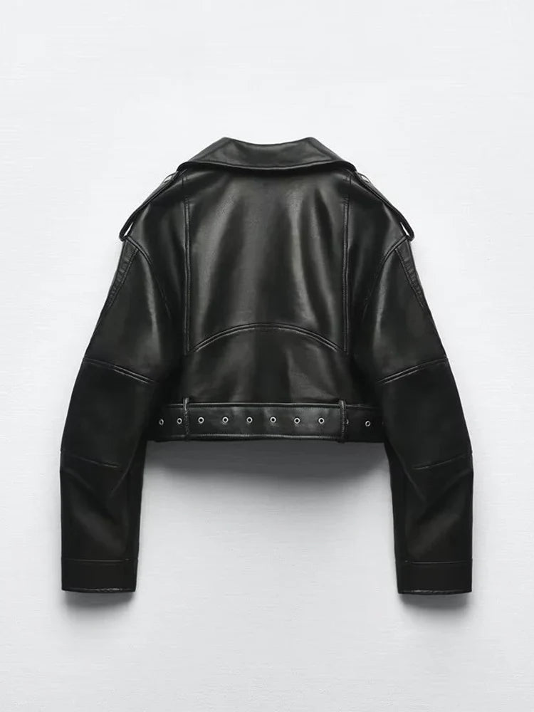 Ailegogo women's faux PU leather short jacket with belt, zipper lapel, motorcycle style, suitable for spring and autumn.