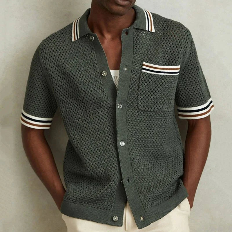 Casual hollow-out knitted men's vintage shirt with pockets, featuring a relaxed fit and textured fabric, by Adistore.