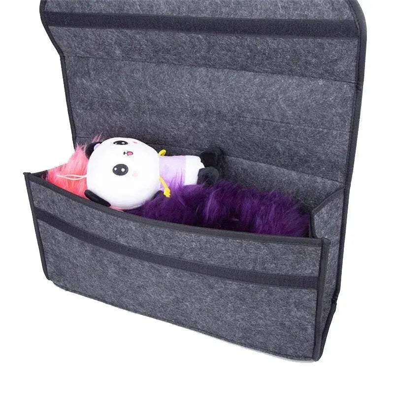 Large Eliteridegear soft felt car trunk organizer with multiple compartments for anti-slip storage of tools and accessories.