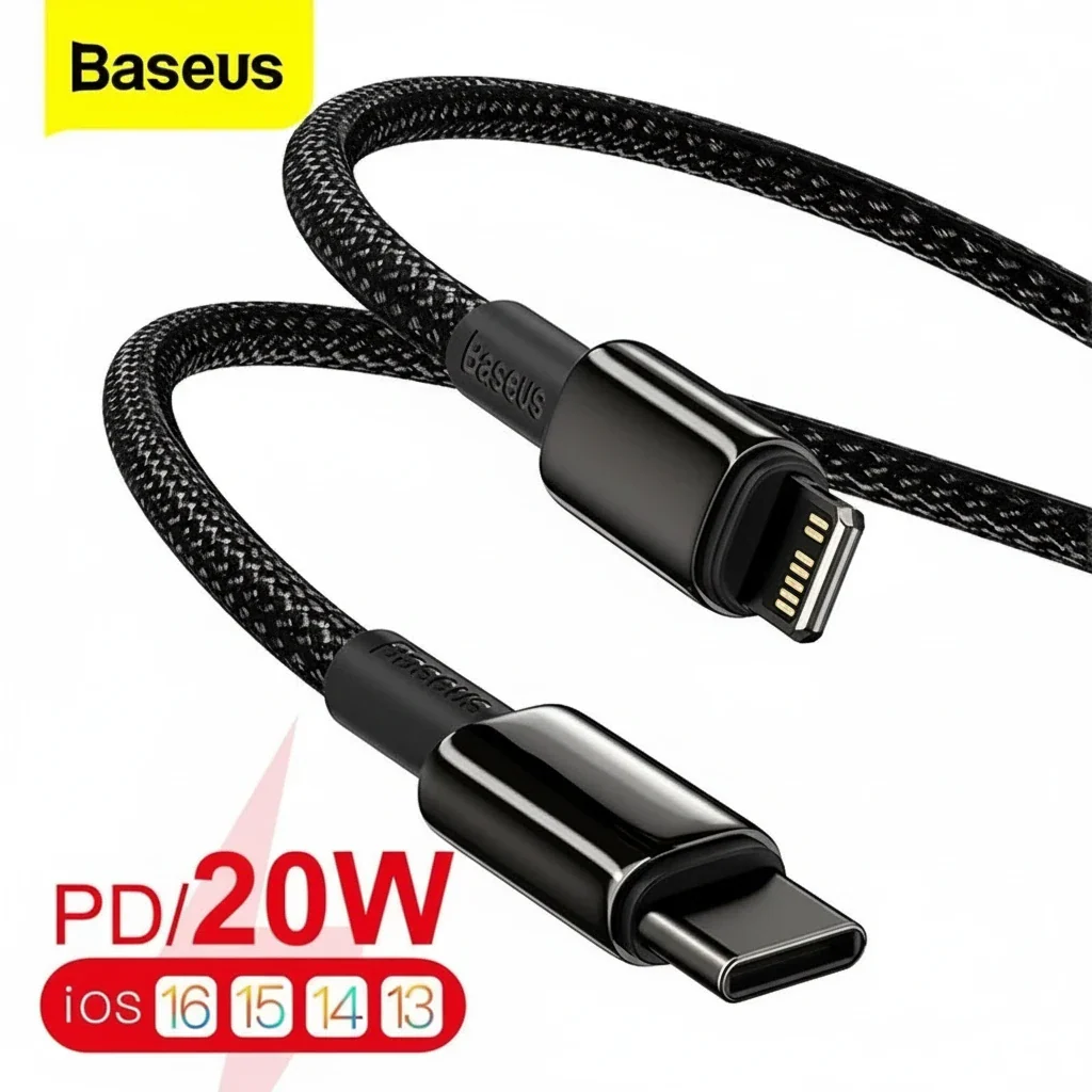 Baseus 20W PD USB-C to Lightning fast charging cable for iPhone and iPad, shown with USB-C and Lightning connectors.