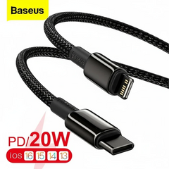 Baseus 20W PD USB-C to Lightning fast charging cable for iPhone and iPad, shown with USB-C and Lightning connectors.