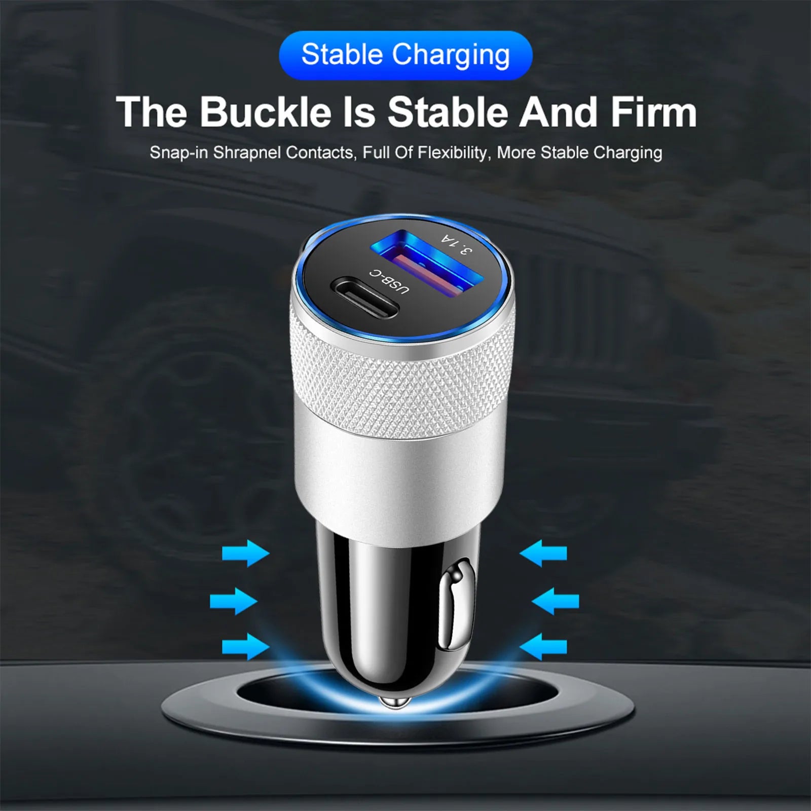 Eliteridegear multifunctional car charger with multiple ports, compact design, and stable connection for charging several devices simultaneously.