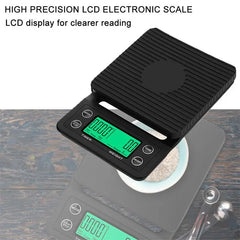 Black Adistore precision coffee dropping scale with digital LCD, 0.1g accuracy, and built-in timer for brewing precision.