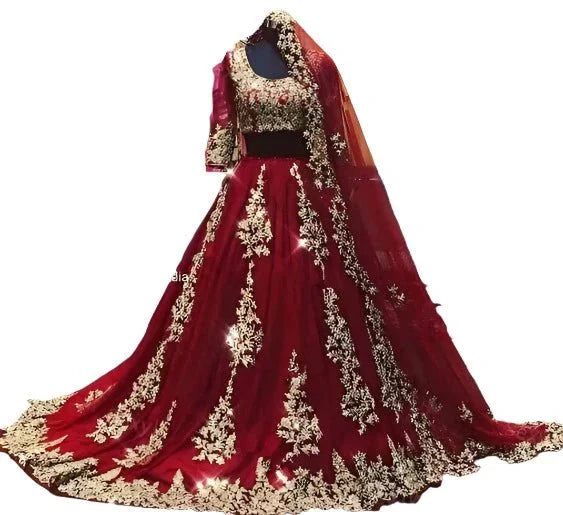 Arabic Muslim Champagne Half-Sleeve Wedding Dress with Cape Veil
