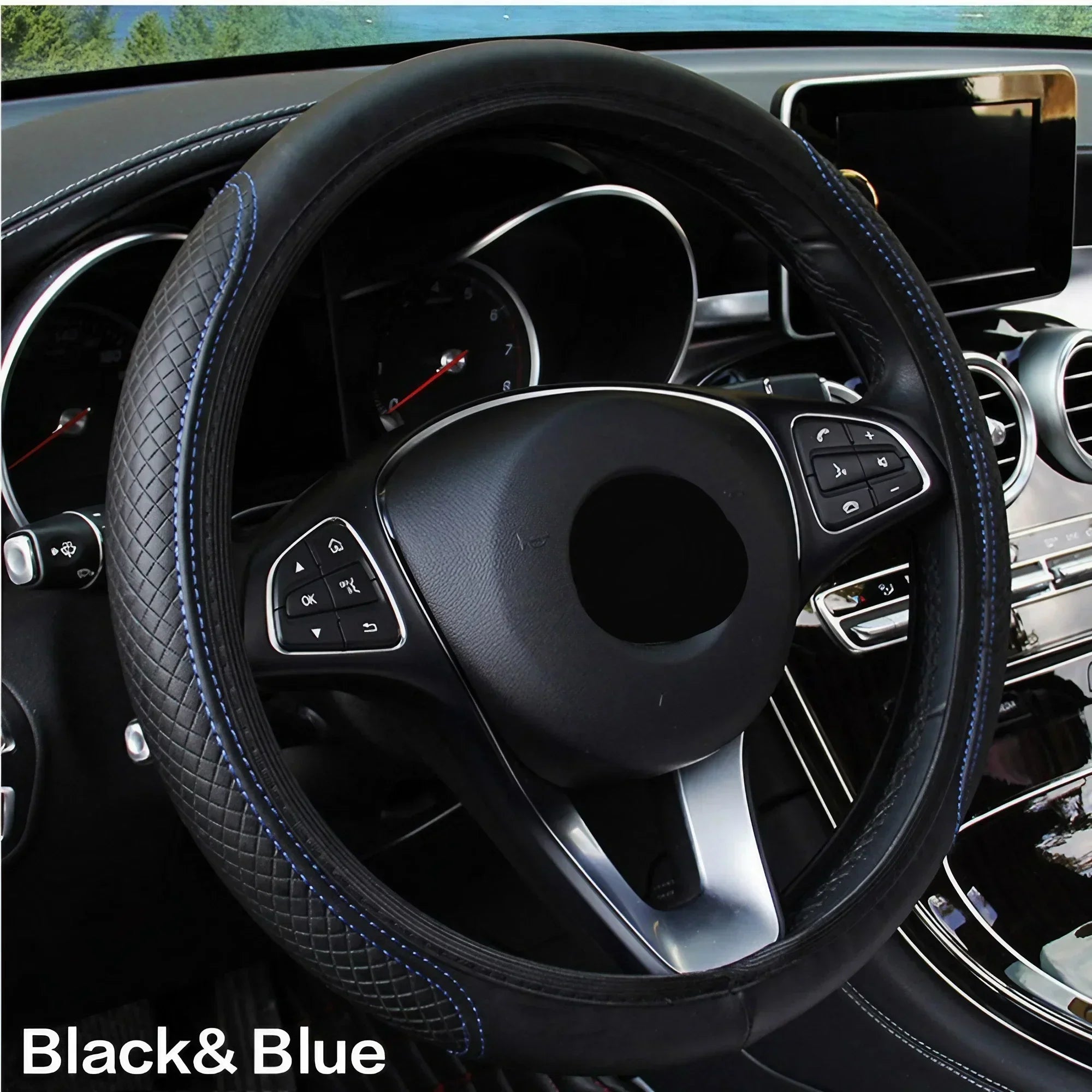 Eliteridegear breathable PU leather car steering wheel cover with anti-slip surface, interior decoration accessory.