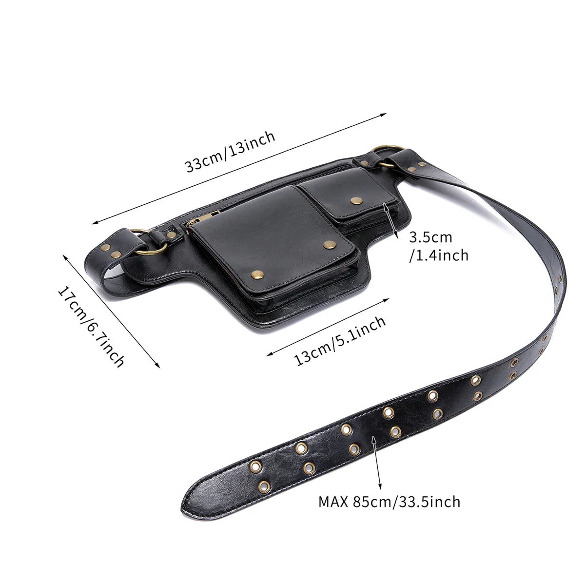 Eliteridegear cool punk motorcycle style waist bag with adjustable belt, retro outdoor sports fanny pack in black design.