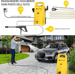 Eliteridegear electric high pressure washer with adjustable lance, 120bar, 1600W, 7m hose, used on terraces, gardens, and cars
