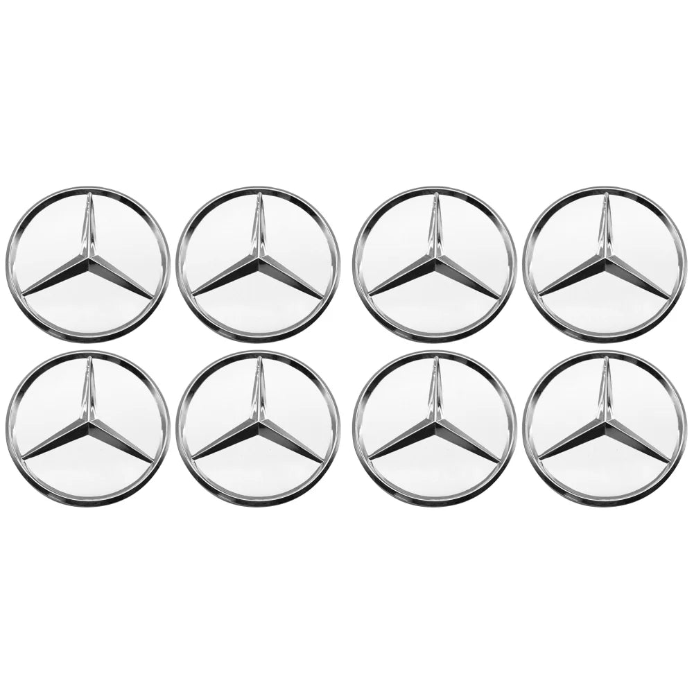 Set of four or eight silver car wheel center caps with 75mm emblems for Benz rims, designed for all models by Eliteridegear