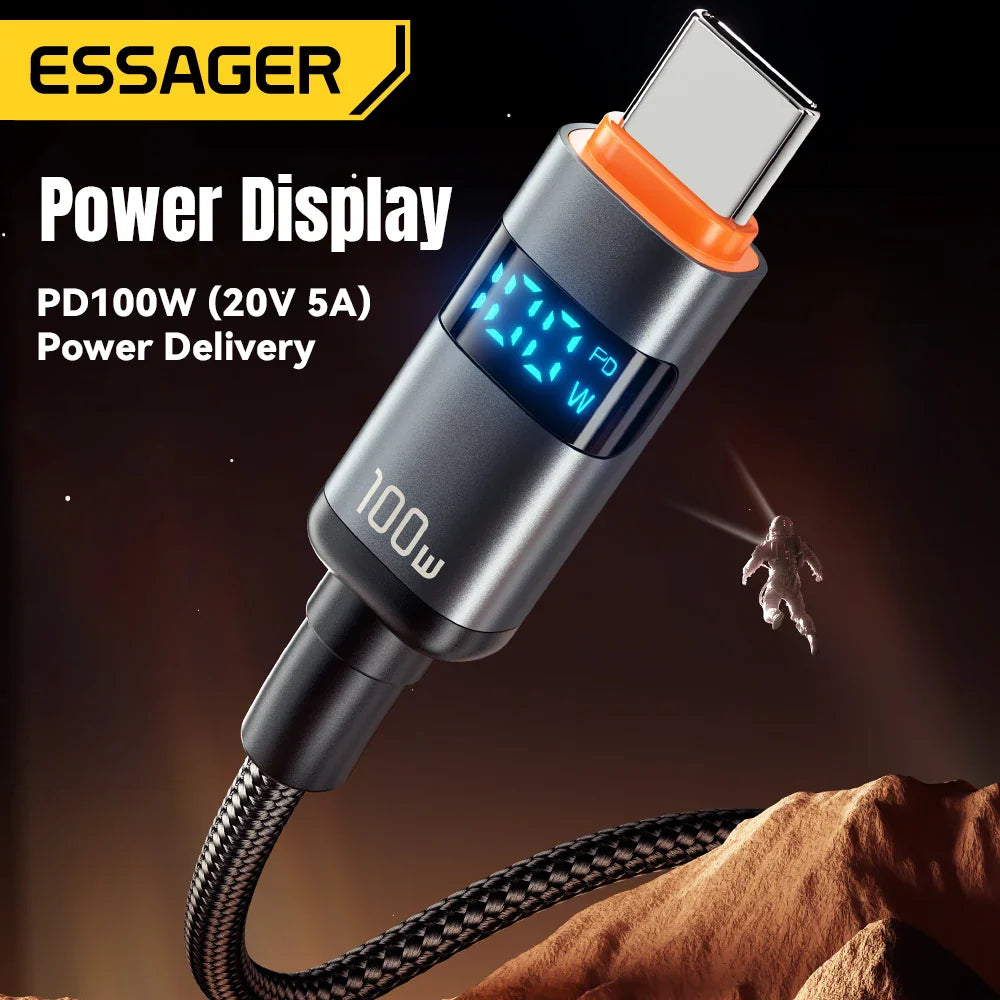 Adistore Essager 100W USB-C to USB-C PD fast charge cable, black, with reinforced connectors and braided nylon exterior.