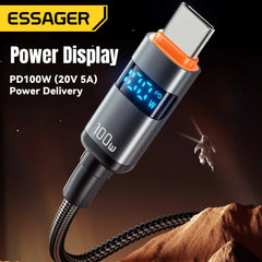 Adistore Essager 100W USB-C to USB-C PD fast charge cable, black, with reinforced connectors and braided nylon exterior.