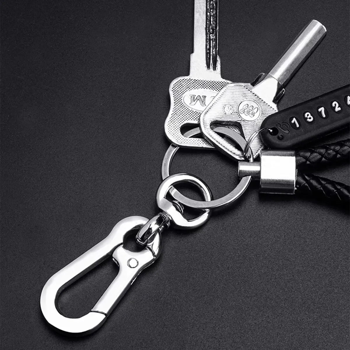Eliteridegear DIY mobile phone number plate pendant keychain with woven leather rope, punk style, ideal for men’s anti-lost car keys