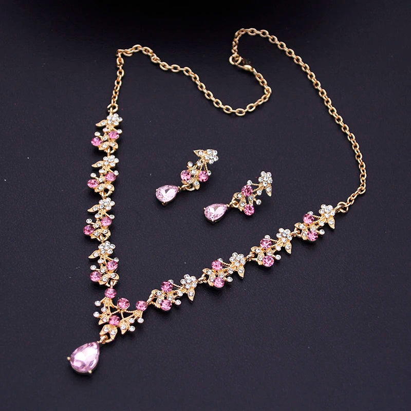 Exquisite Dangle Earrings and Necklace for Women Elegant Jewelry Set Flower Design Shining Rhinestone Necklace set Wedding