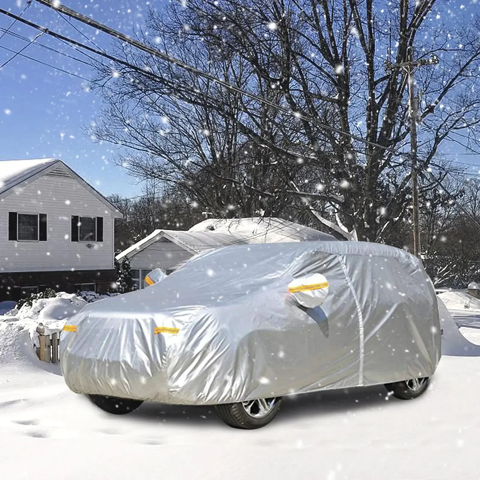 Universal SUV cover by Eliteridegear, waterproof and UV protective full car cover protecting against dust, rain, snow, and UV rays.