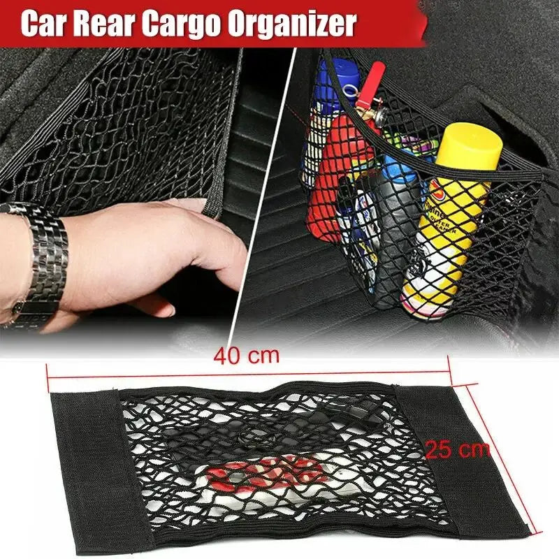 Eliteridegear car trunk mesh organizer with storage net and pockets, designed for seat back and tail storage in vehicles.