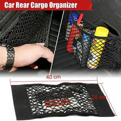 Eliteridegear car trunk mesh organizer with storage net and pockets, designed for seat back and tail storage in vehicles.