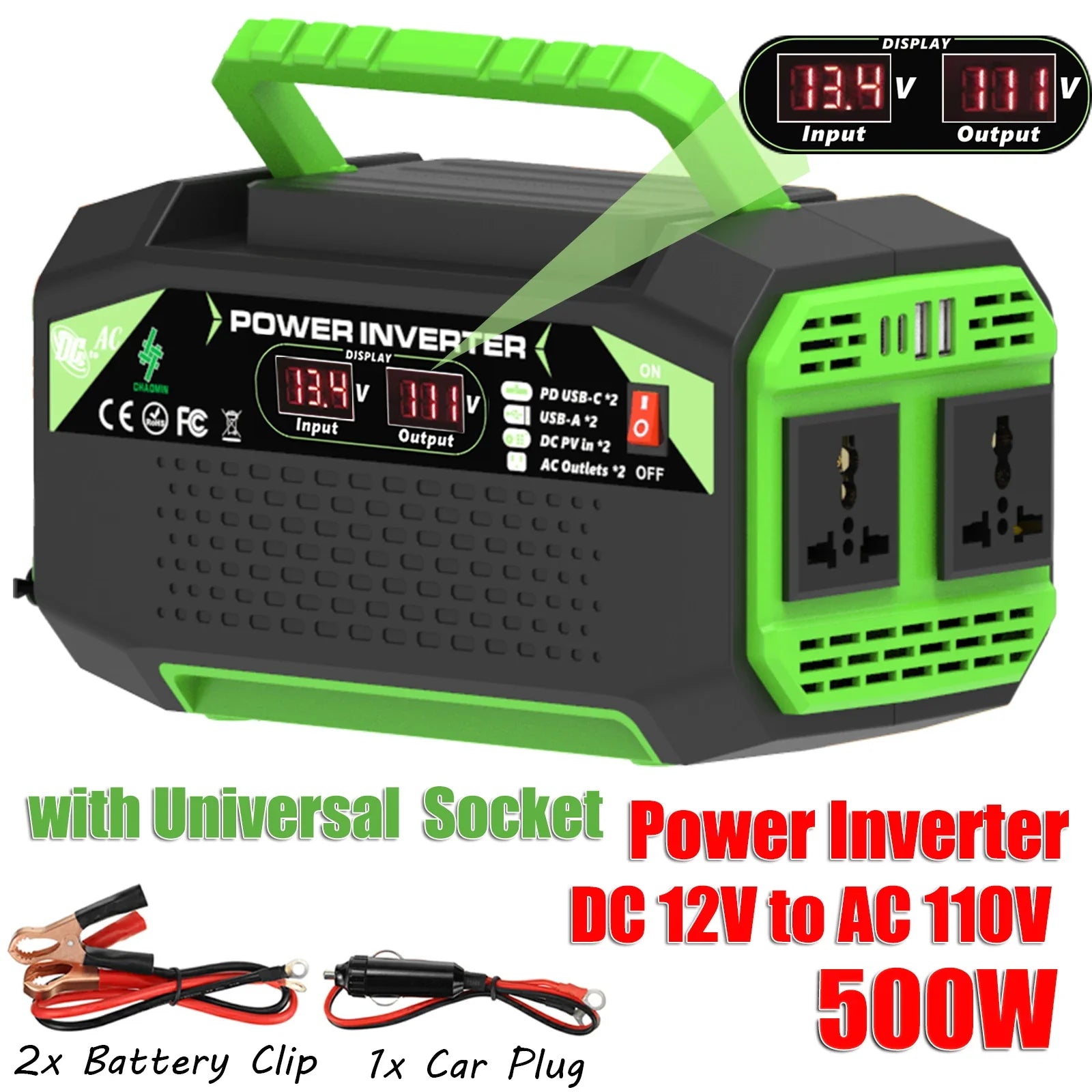 Adistore 500W 12V to AC power inverter showing USB and Type-C ports connected to a vehicle or portable setup